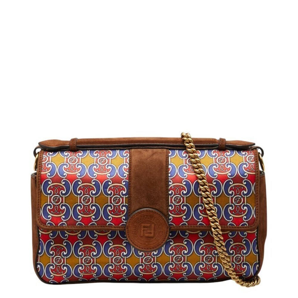 Fendi Double F Handbag Chain Shoulder Bag Brown Multicolor Suede Satin